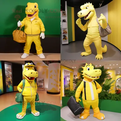 Produktbild von Maskottchen REDBROKOLY kostüm eines gelben Krokodils bekleidet mit Jogginghosen und Handtaschen