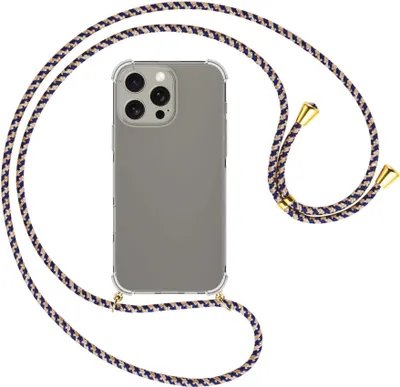 Produktbild von Handykette Backcover-Schutzhülle mit Band (Metall goldfarben) für iPhone 16 Pro Max - blau+beige