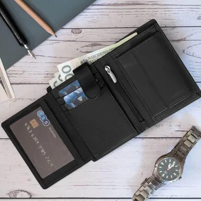 Image de Portefeuille minimaliste noir pour homme, à rabat, en cuir pleine fleur SH-179