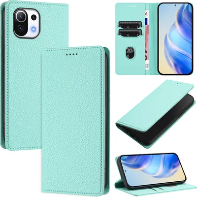 Image de Etui en cuir pour Xiaomi Mi 11 Lite/Mi 11 Lite 5G No, cuir Litschi, étui portefeuille avec fentes pour cartes et support Turquoise