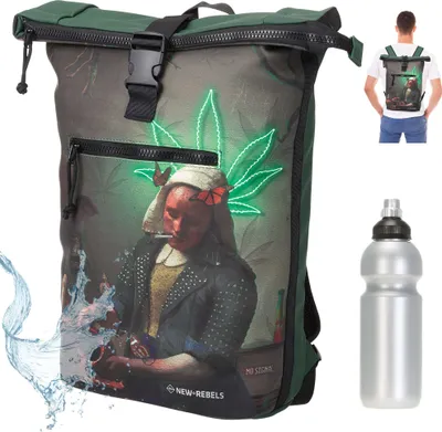 Produktbild von Rucksack Herren Jungen Damen Kurierrucksack Plane Mart Time Bag Roll-top Fahrradrucksack Freizeitrucksack Sport Fitness Reise Laptop Bag Daypack Festival 511401 63 Ganja Smoke Art + Flasche
