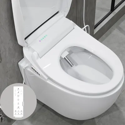 A close-up, slightly angled view of a modern smart bidet toilet seat.