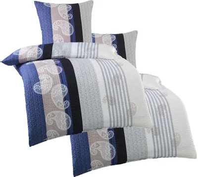 Produktbild von 4-TLG. Seersucker Bettwäsche 2X 135x200 +80x80cm, blau Taupe weiß, Paisley, bügelfrei