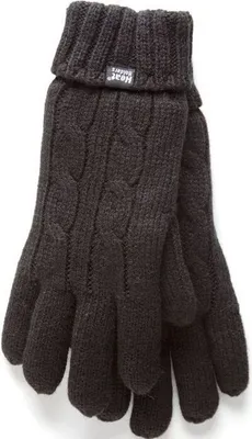 A pair of dark gray knitted gloves with a cable knit pattern and a ribbed cuff, shown against a white background.