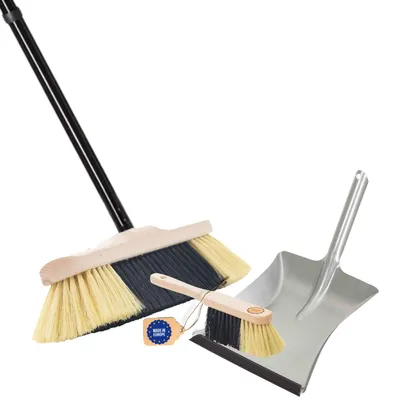Zdjęcie produktu dla Novaliv miotła pokojowa z trzonkiem solidna miotła FINE ARTIFICIAL BRISTLES miękkie włosie miotła szafkowa 4 szt. trzonek wtykany z szufelką zestaw metalowy ocynkowany z gumową wargą szufelka miotła zmiotka i szufelka