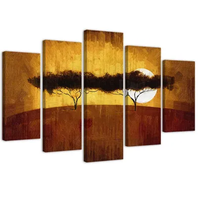 Produktbild von 5-teiliges leinwandbild afrikanische bäume 150x100 cm Feeby braun wandbild bereit zum aufhängen