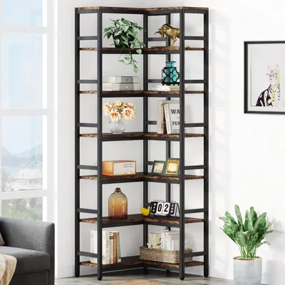 Immagine prodotto di Libreria a scaffali a forma di "E", 7 ripiani, altezza 200 cm, stile industriale, struttura in metallo, colore marrone/nero vintage