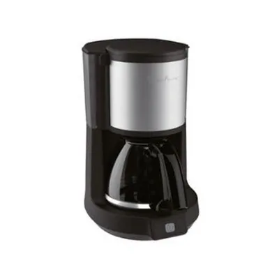 A black and silver coffee maker is shown against a white background.
