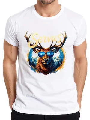 Productafbeelding van Servus Hirsch zonnebril, bergen, Alpen, Beieren, lederen broek, dirndl, heren T-shirt, wit, maat M