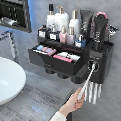 Obrázek produktu pro Držák na zubní kartáčky na zeď se zásobníkem na zubní pastu a zásuvkou, organizér, černý, se 3 kelímky