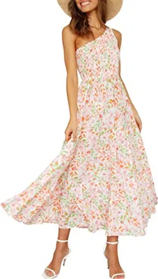 Produktbild von ASKSA Damen Kleider Sommer Böhmische Maxikleider Shoulder Ärmelloses Kleid Blumenkleid Rüschen Langekleider, Rosa, S