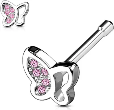 Produktbild von Nasenstecker „Schmetterling“: Nasenpiercing Stecker mit Zirkonia Pink