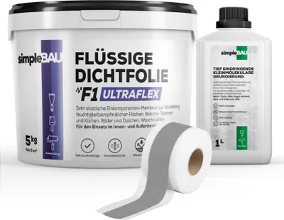Produktbild von SimpleBau F1 Ultraflex Dichtset Flüssig-Dichtfolie + Grundierung + elastisches Dichtband, 5kg + 1l + 5M
