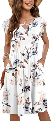 Produktbild von Kleid für Damen mit V-Ausschnitt, Rüschen und elastischem Bund, knielanger Schnitt mit Taschen