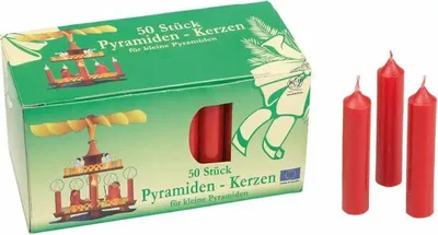 A box of red pyramid candles and three loose red pyramid candles.