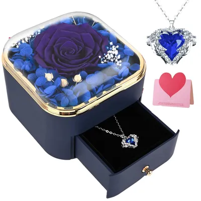 Ewige Rose mit Herz-Halskette, konservierte Blume, Geschenkbox, blau