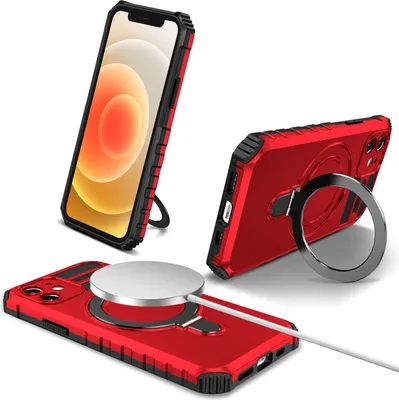 Immagine prodotto di Custodia per iPhone 12 magnetica con MagSafe, supporto per anello, supporto, custodia protettiva a doppio strato rossa