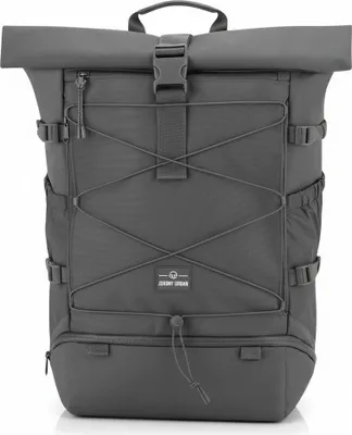 A gray backpack is shown from the front against a white background.