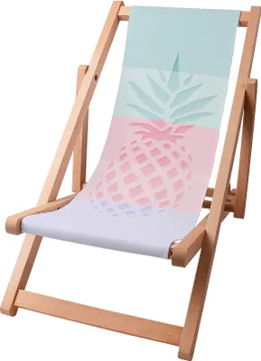 A wooden deck chair with a pineapple design on the fabric.