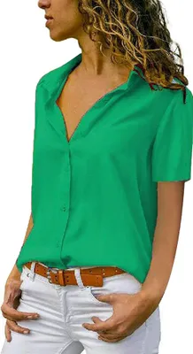 Image de ASKSA Chemisier Femme Mousseline Elégant Hauts Manches Courtes Unicolore Col en V Chemise Libre T-Shirt Tops, Vert, S