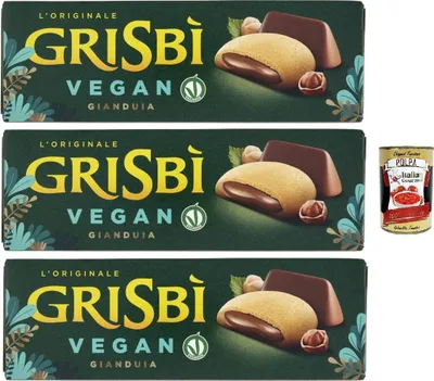 Produktbild von Grisbì Vegan Gianduia – Gefüllte vegane Kekse mit Gianduia-Creme, italienisches Gebäck, 3 x 135 g – knusprig außen, cremig innen – Matilde Vicenzi + Italian Gourmet polpa 400g
