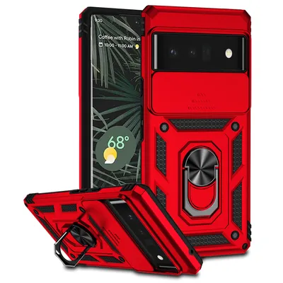 Immagine prodotto di Custodia per Google Pixel 6 Pro a doppio strato con copertura scorrevole della fotocamera e supporto ad anello rosso
