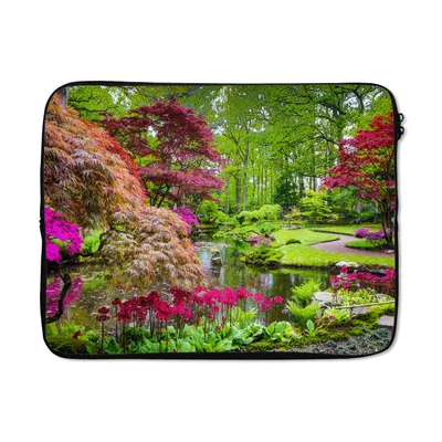 Produktbild von MuchoWow® Laptop Hülle 17 Zoll Laptoptasche Bäume - Blumen - Japanisch - Natur - Wasser - Zipper - Schutzabdeckung