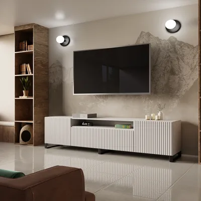 Produktbild von TV-Schrank mit gefrästen Fronten Marco 3-türig TV-Lowboard mit 4 Regale 200 cm breit Fernsehschrank auf schwarzem beine, Farbe: Weiß, Weiß