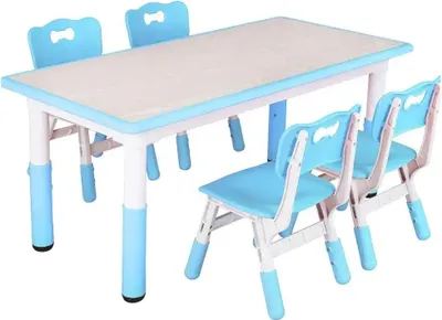 Immagine prodotto di Tavolo per bambini con 4 sedie - Set da tavolo per attività - Regolabile in altezza - 120x60 cm - Composito plastica-legno - Facile da montare - Blu
