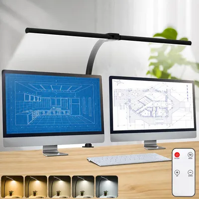 Produktbild von LED Schreibtischlampe Dimmbar Doppelkopf 80cm, 24W Leselampe Klemmleuchte 5 Lichtfarbe mit Fernbedienung für Büro Arbeitszimmer, Schwarz, KI-generiertes Bild
