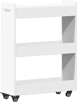 A white, three-tiered rolling storage cart is shown against a white background.