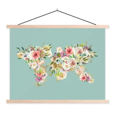 Obrázek produktu pro MuchoWow® Textilní plakát - Mapa světa - Květiny - Pastel - 40x30cm - S hnědými lamelami