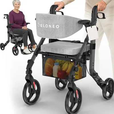 Zdjęcie produktu dla Składany i lekki wózek inwalidzki ELONEO 2w1 z siedziskiem, składany wózek inwalidzki do użytku na zewnątrz, aluminiowa pomoc w chodzeniu dla seniorów - czarny