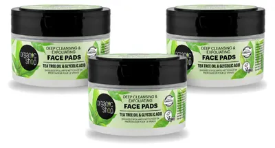 Obrázek produktu pro 3 balení pleťových ubrousků Organic Shop pro hloubkové čištění pleti s obsahem tea tree oleje a glykolové kyseliny, 20 kusů v balení – výhodná sada – 3 kusy