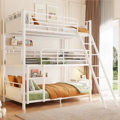 Produktbild von Merax Dreifach Etagenbett 90x200cm für Kinder, Metallbett mit 3 Schlafebenen und 2 Leitern, wandelbares Kinderbett, platzsparendes Mehrbettbett, Weiß