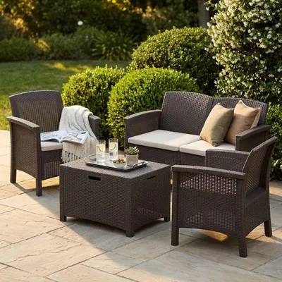 Immagine prodotto di Milani Home - salotto da giardino in resina effetto rattan taupe, set lounge 4 posti per terrazzo, portico e veranda