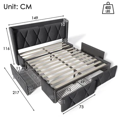 Imagen del producto de Cama doble - Estructura de cama de 140 x 200 cm - Conexiones USB - Cabecero - 4 cajones de almacenamiento - Somier de láminas de madera - Gris oscuro