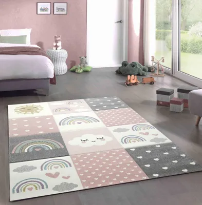 Obrázok produktu pre Hrací koberec do detskej izby s motívom srdiečok, obláčikov, dúhy a bodiek, ružovo-krémovo-sivý, rozmery – 120 cm, okrúhly