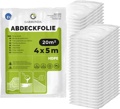 Produktbild von Maler 4x5 m 48er Pack transparent HDPE Malerfolie für Renovierung, Staubschutzfolie Umzug, Abdeckplane Baufolie für Möbel- & Bodenschutz, Folie reißfest GD-0166