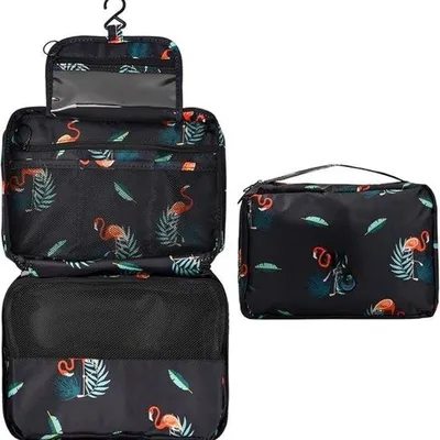 Produktbild von Famanu Toilettasche zum Aufhängen - Make-up Tasche - Faltbar - Für Reisen - Mit 4 Fächern - Wasserabweisend - Tragbar - Große Kapazität