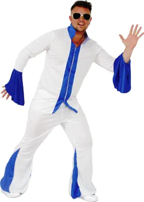 A man wearing a white and blue disco suit, striking a pose.