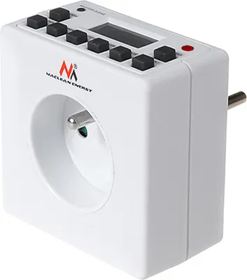 A white digital timer plug with a European socket and a digital display.