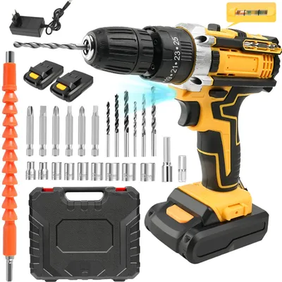 Produktbild von CMYbabee Akkuschrauber 21V, Akkubohrer, Akku Bohrschrauber Set mit 2 Akkus 2.0Ah, 25+1 Drehmomenteinstellung, 10mm Bohrfutter, LED-Licht, Gelb