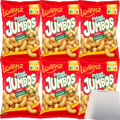 Produktbild von Lorenz Erdnußlocken Jumbos Classic XXL Erdnussflips Mais-Snack Erdnuss-Genuss 6er Pack (6x150g Packung) + usy Block