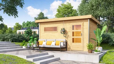 Produktbild von Karibu Saunahaus Außensauna Gartensauna Skrollan 3 unbehandelt ohne Zubehör 38mm Massivholz 396x231x227 cm mit Moderne Tür