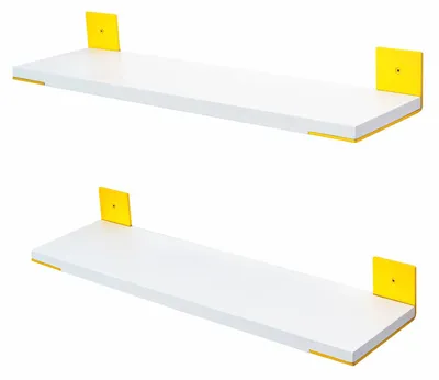 Image de Étagère murale 60 cm, lot de 2 pièces, étagère suspendue en bois massif avec supports en acier, étagère flottante d'une capacité de charge de 15 kg pour le salon, la chambre ou le bureau – blanc et jaune