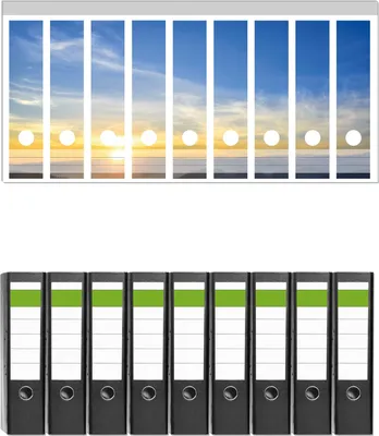 Produktbild von Wallario 9 Stück breite Ordner inkl. Klebeetiketten mit Motive Sonnenaufgang über dem Schwarzwald -  Set mit Rückenschildern / Ordnerrücken Stickern