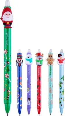 A collection of Christmas-themed pens arranged in a row against a white background.