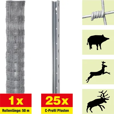 Produktbild von Forstzaun 50 m Set Taurus Forstwirtschaft - Höhe: 200 cm, inkl. 25 Pfosten, Horizontaldrähte: 25