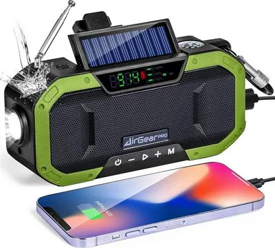 Produktbild von Handkrukradio mit Solarpaneel Niedrigenergie-Radio mit FM/AM-Funktion - 5000 mAh externe Batterie mit USB-Ladegerät IPX5 Wasserdicht